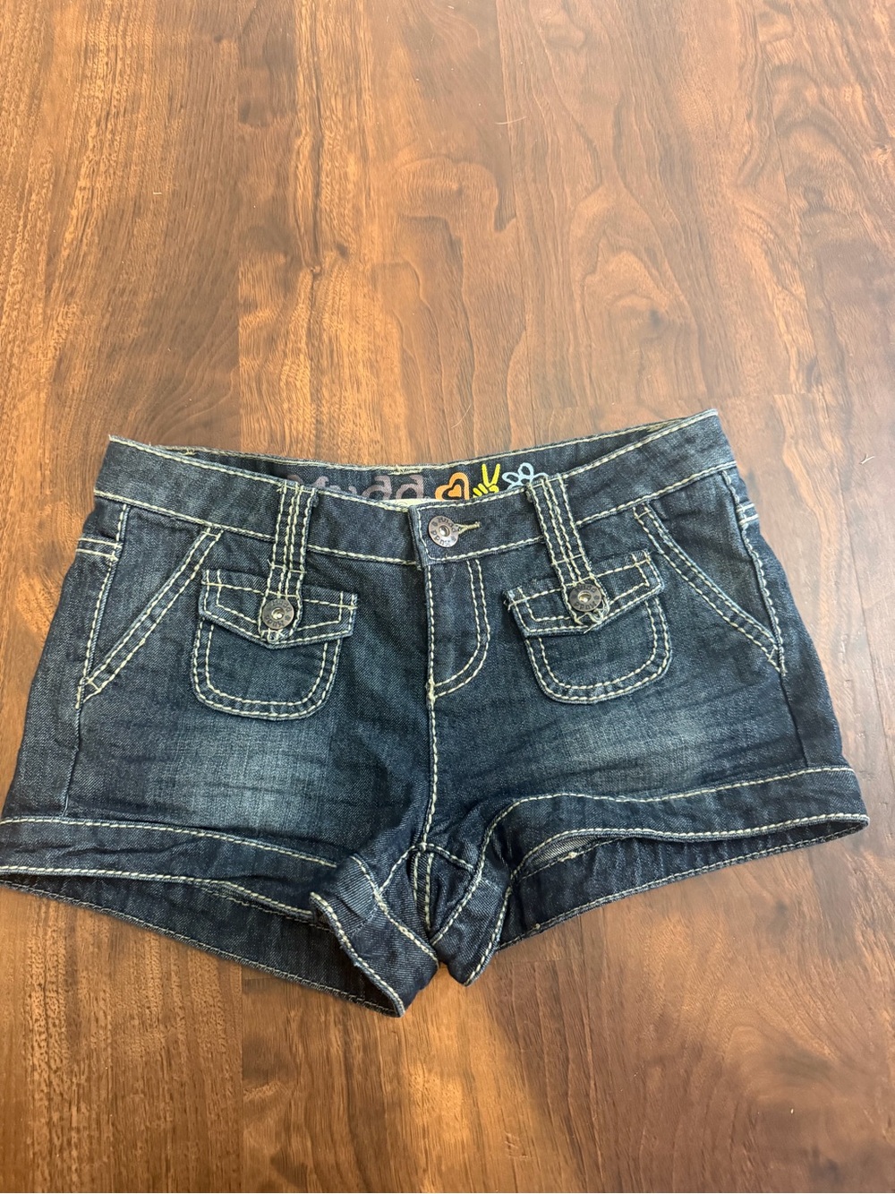 Mudd Y2K Dark Blue Denim Short Shorts with Contrast Stitching